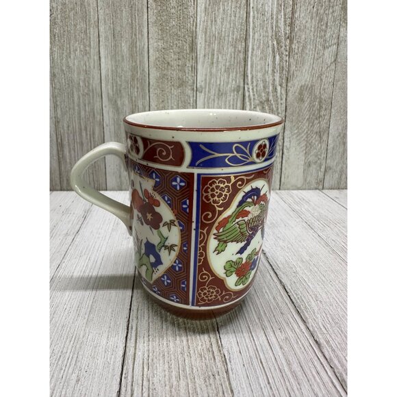 Vtg Japan Imari Coffee Tea Mugs Cups Speckled Stoneware Floral Peacock Set of 6 - Picture 3 of 10